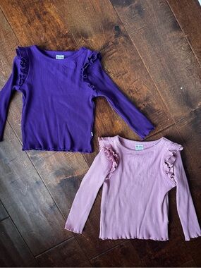 Little Sleepies Ribbed Ruffle Long-Sleeve Tops - Purple & Light Pink